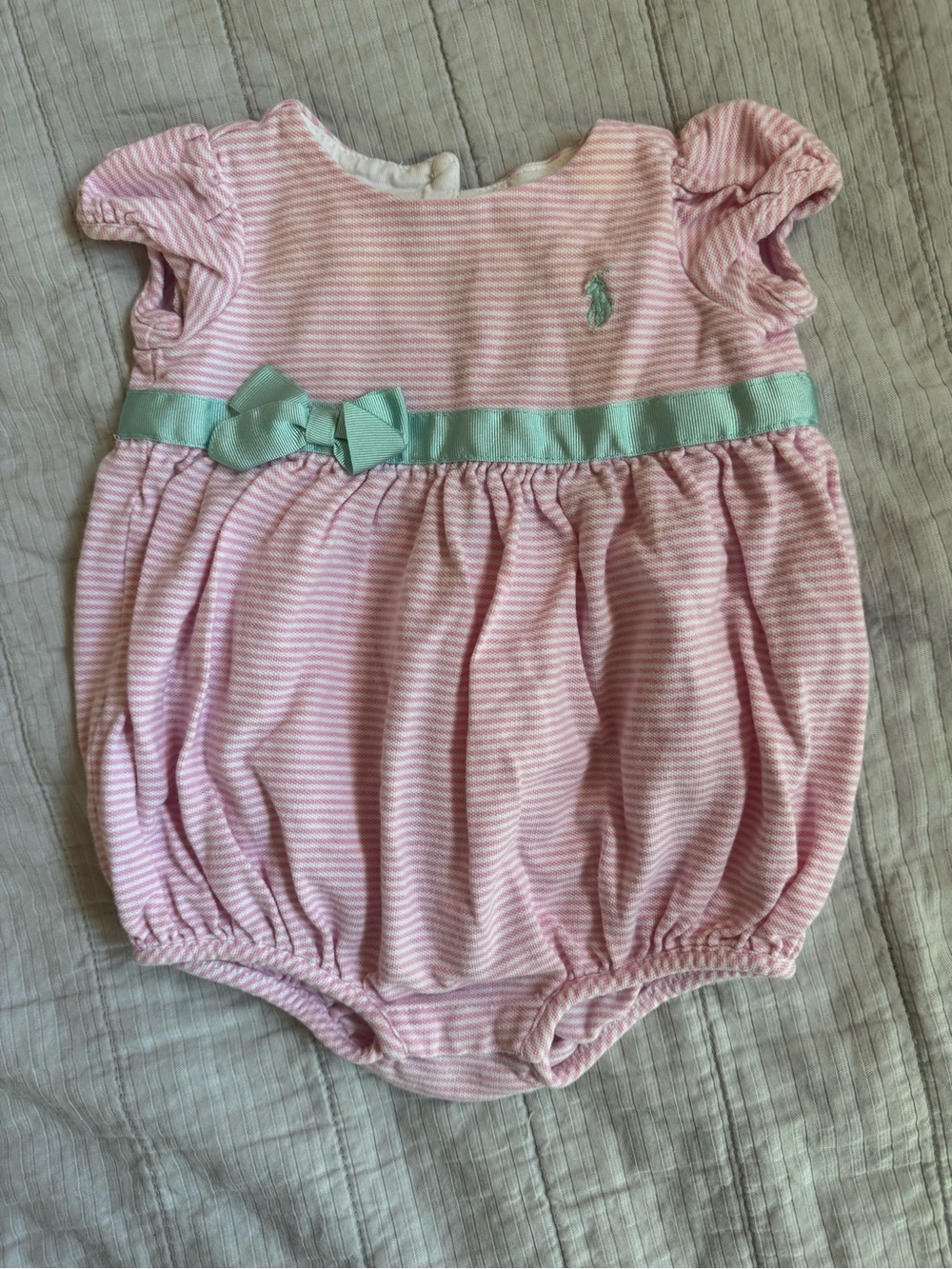 Ralph Lauren Pink Striped Bubble Romper with Mint Trim